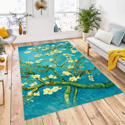 Almond Blossom Art Rug, Impressionist Floral Area Rug, Blue Aesthetic Art Carpet, Vintage Painting Inspired Rug, Washable Non Slip Area Rug