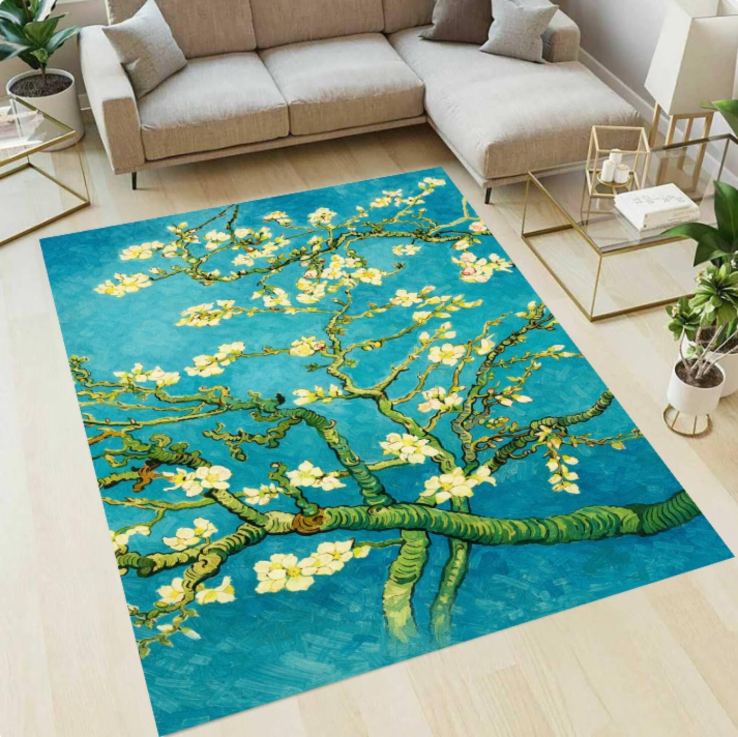 Almond Blossom Art Rug, Impressionist Floral Area Rug, Blue Aesthetic Art Carpet, Vintage Painting Inspired Rug, Washable Non Slip Area Rug