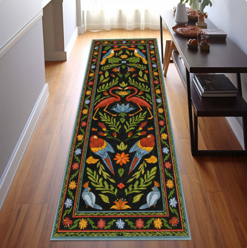 Boho Folk Art Runner Rug, Floral Bird Pattern Rug, Vintage Scandinavian Style Rug, Colorful Nature Hallway Rug, Washable Non Slip Runner Rug