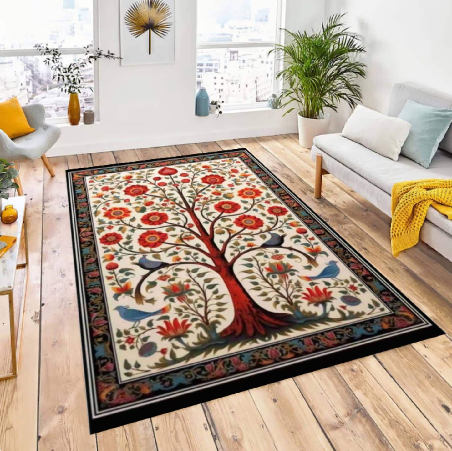 Tree of Life Rug, Floral Folk Art Living Room Carpet, Botanical Nature Decor (Washable)