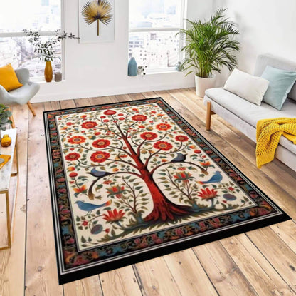 Tree of Life Rug, Floral Folk Art Living Room Carpet, Botanical Nature Decor (Washable)