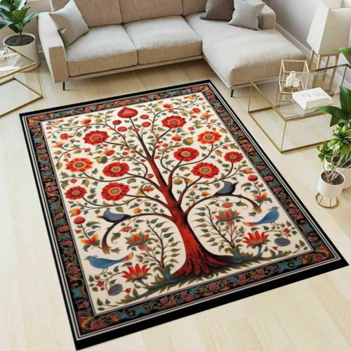 Tree of Life Rug, Floral Folk Art Living Room Carpet, Botanical Nature Decor (Washable)
