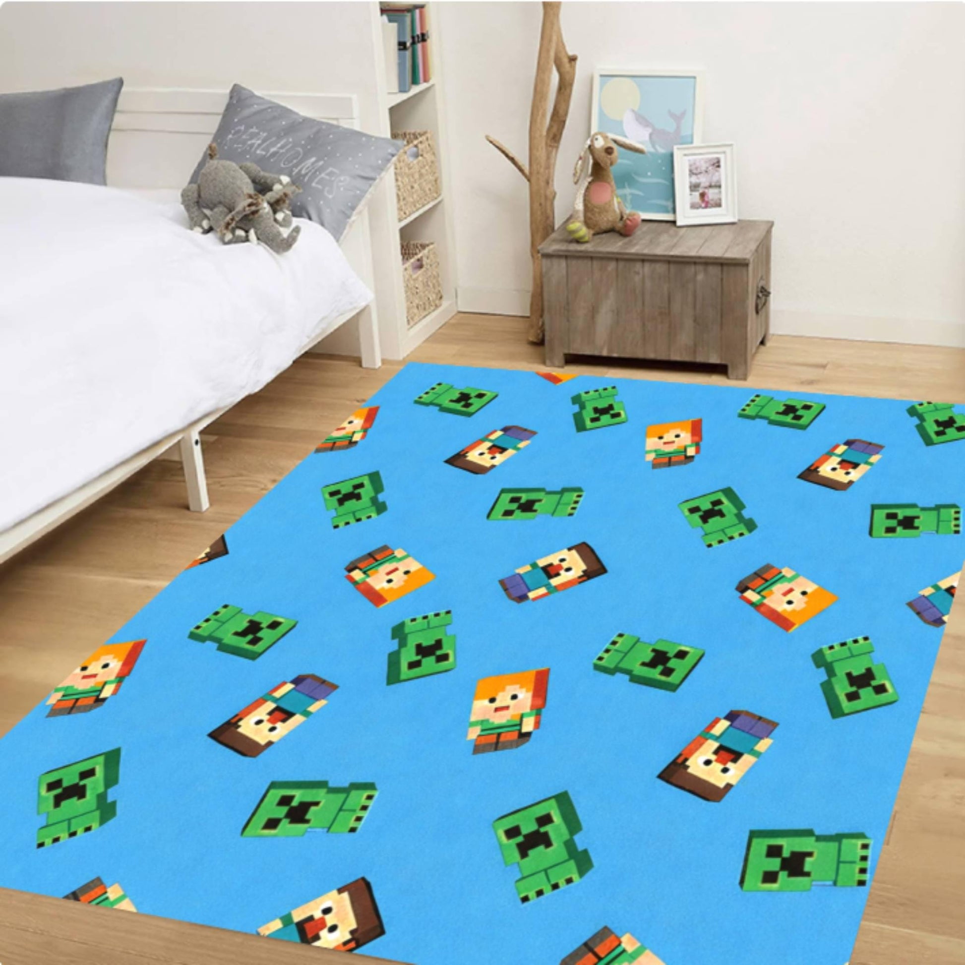 Pixel Gaming Kids Area Rug, Retro Block Playroom Carpet, Gamer Bedroom Decor Mat