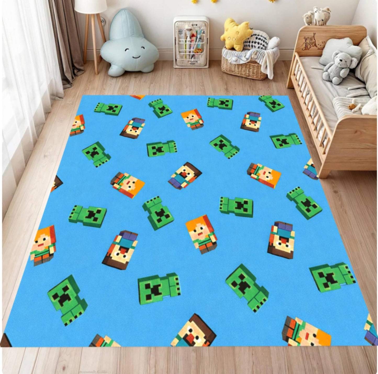 Children's room with a blue rug featuring pixel cartoon characters