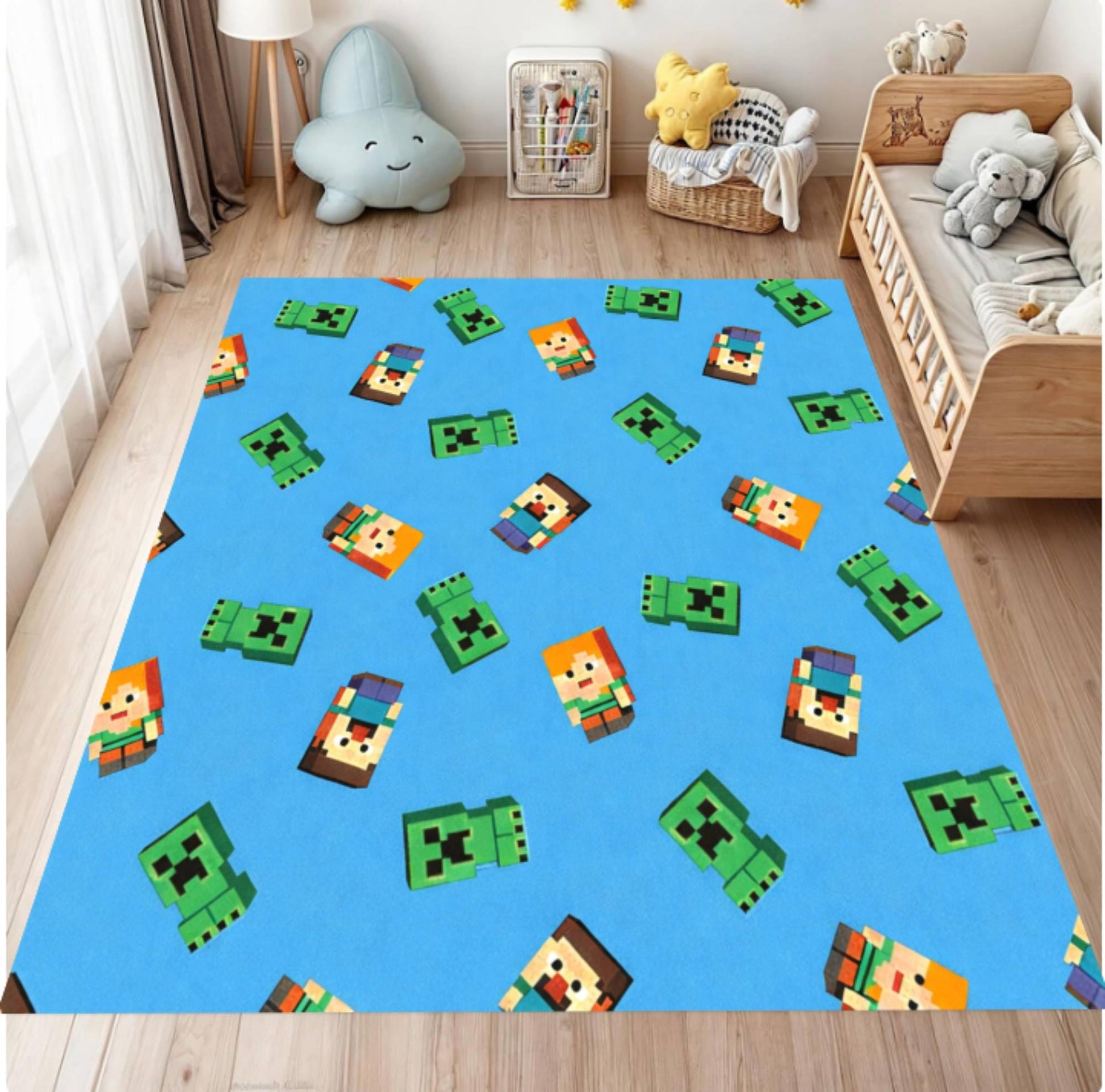 Children's room with a blue rug featuring pixel cartoon characters