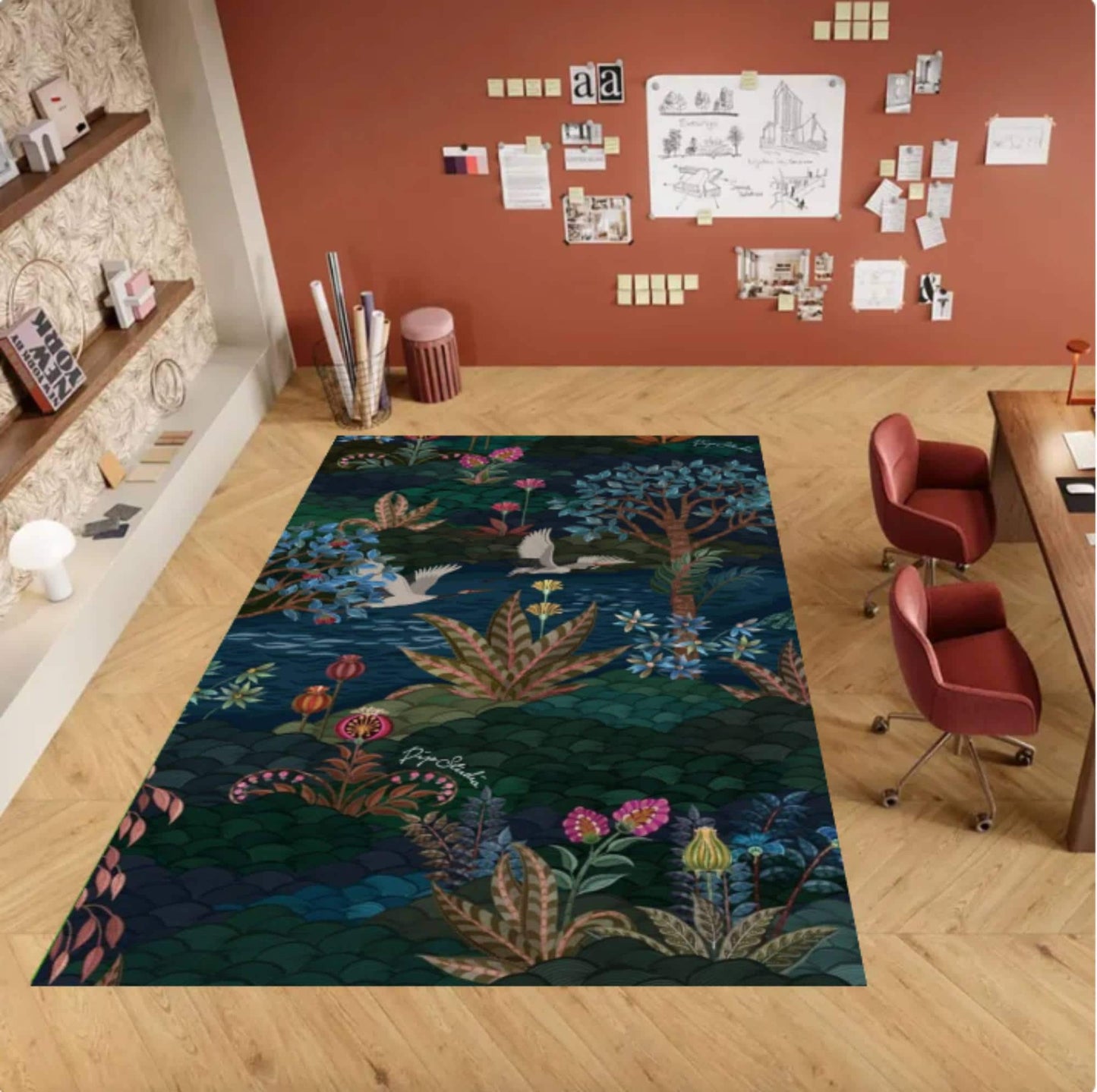 Dark Botanical Forest Rug - Maximalist Jungle & Exotic Birds Washable Area Rug