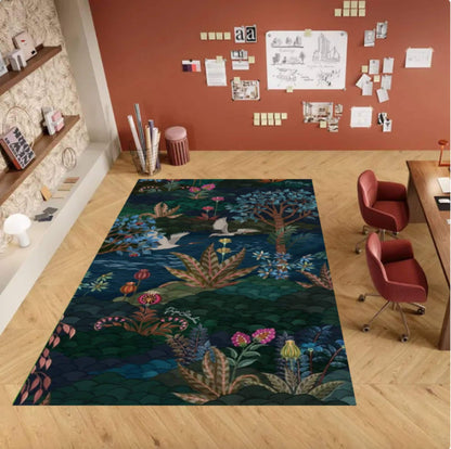 Dark Botanical Forest Rug - Maximalist Jungle & Exotic Birds Washable Area Rug