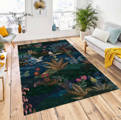 Dark Botanical Forest Rug - Maximalist Jungle & Exotic Birds Washable Area Rug