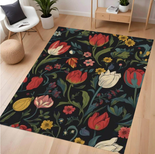 Floral patterned rug on a wooden floor with a chair and plants in the background