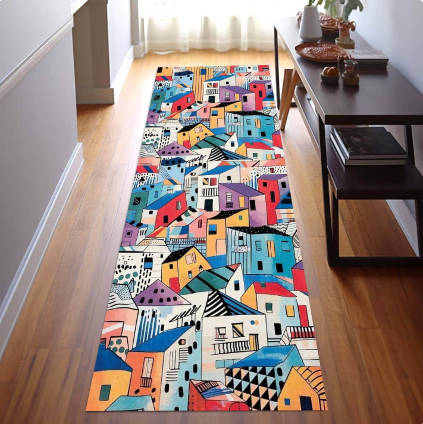 Colorful Abstract Houses Runner Rug, Modern Urban Art Carpet, Washable Non Slip Home Decor