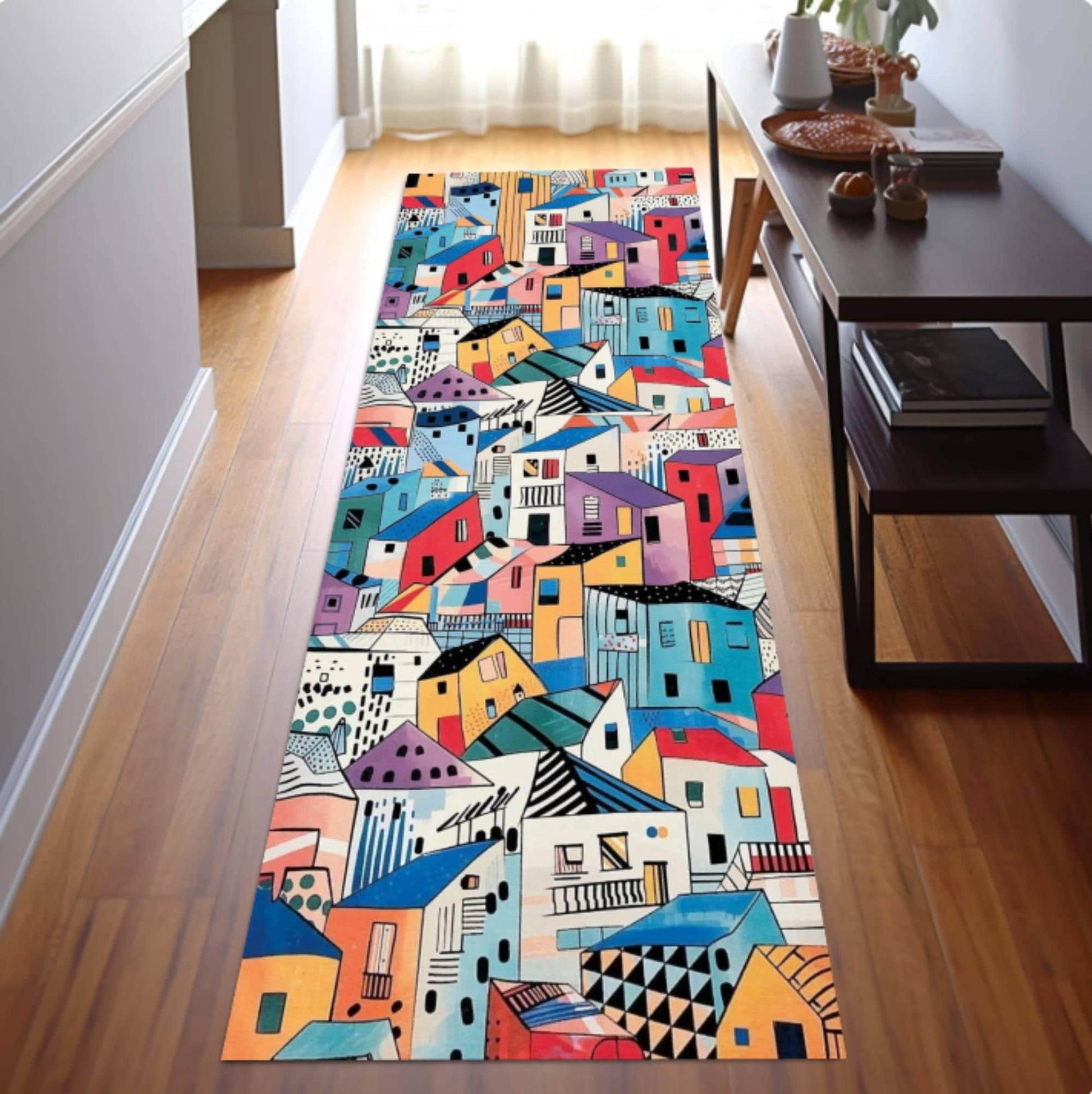 Colorful Abstract Houses Runner Rug, Modern Urban Art Carpet, Washable Non Slip Home Decor