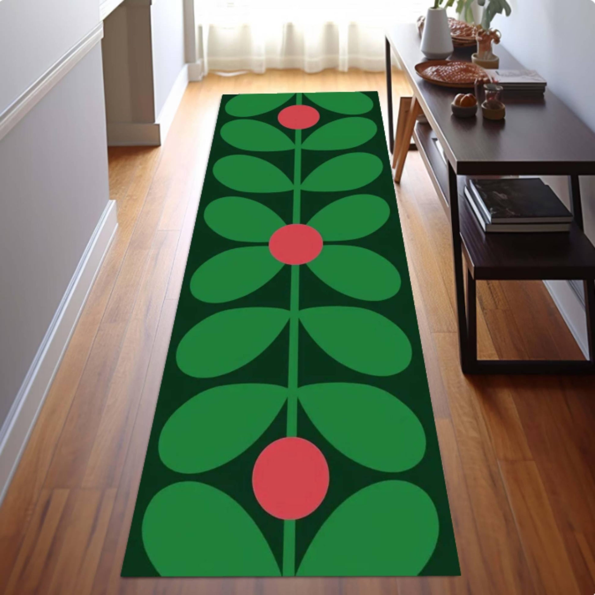Retro Floral Runner Rug, Mid Century Modern Hallway Carpet, Washable Non Slip Scandinavian Style