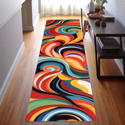 Colorful Abstract Swirl Runner Rug, Retro Psychedelic Hallway Carpet (Washable)