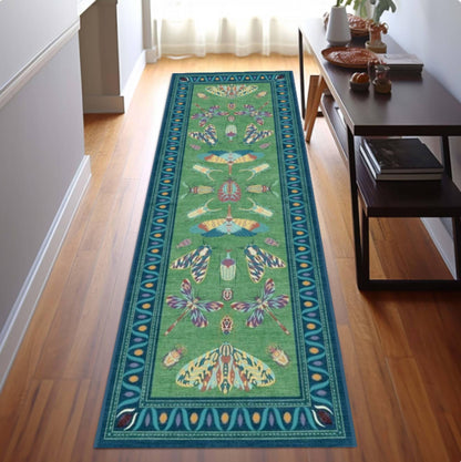 Boho Insect Runner Rug, Dragonfly Butterfly Hallway Runner, Botanical Cottagecore Decor