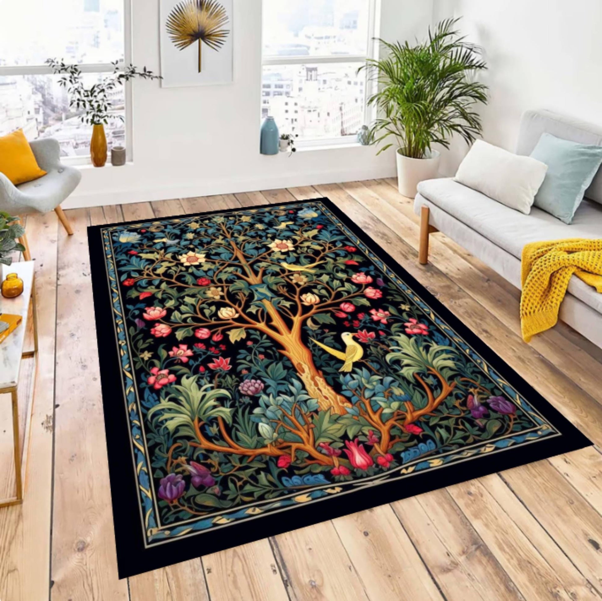 Tree of Life Rug, Floral Botanical Vintage Carpet, Cottagecore Garden Art (Washable Non Slip)
