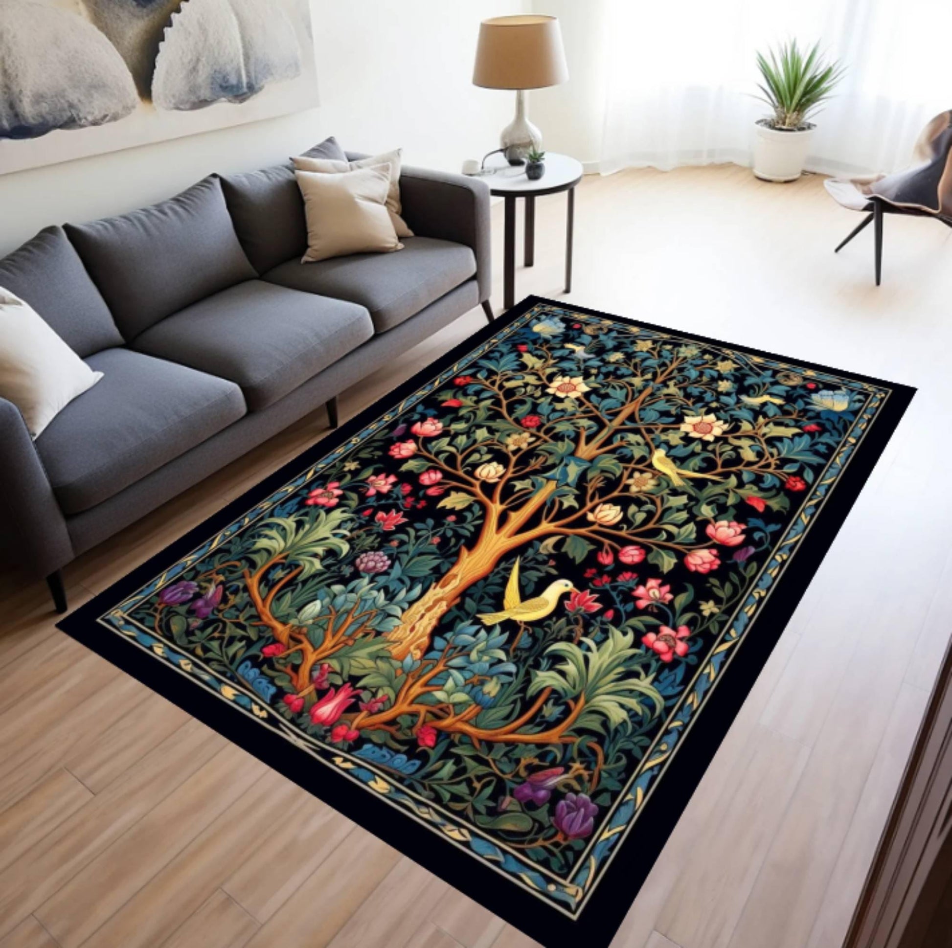 Tree of Life Rug, Floral Botanical Vintage Carpet, Cottagecore Garden Art (Washable Non Slip)