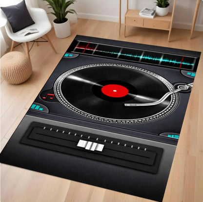 Turntable design rug on a wooden floor with a modern interior setting