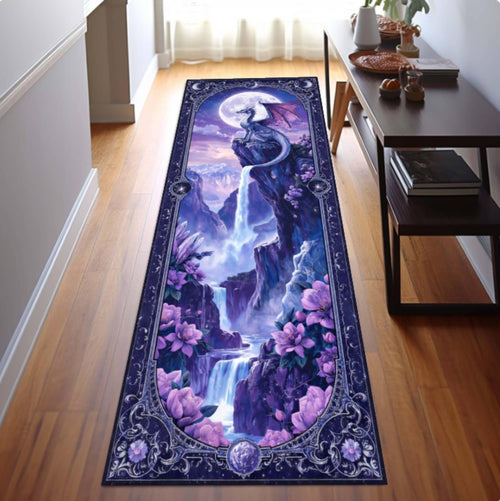 Fantasy Dragon Waterfall Runner Rug, Mystic Gothic Landscape Carpet, Washable Non-Slip Hallway Runner