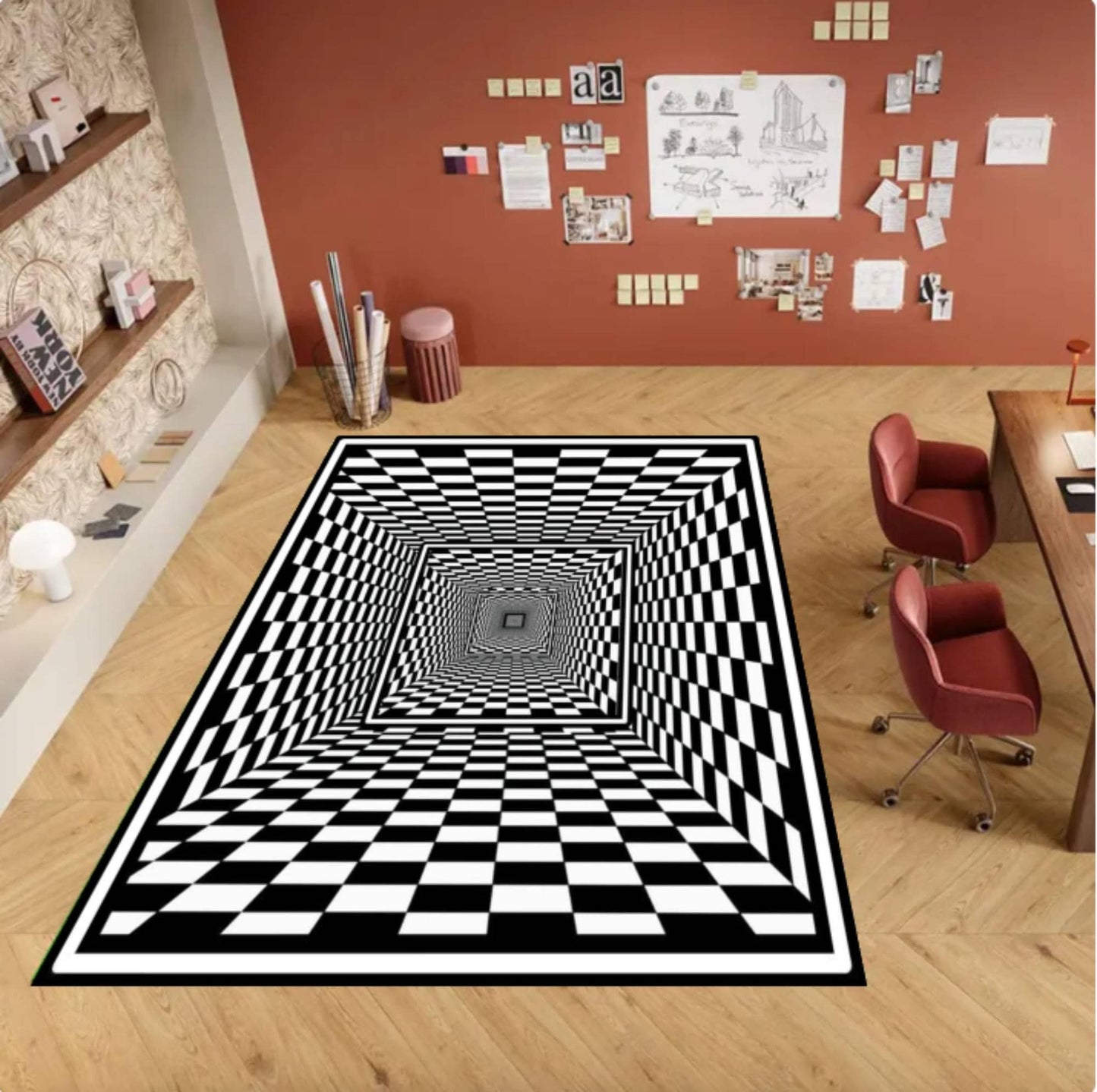 Checkered Rug with Optical Illusion 3D-tunnelpatroon Black and White Geometric