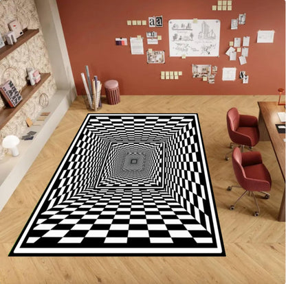 Checkered Rug with Optical Illusion 3D-tunnelpatroon Black and White Geometric