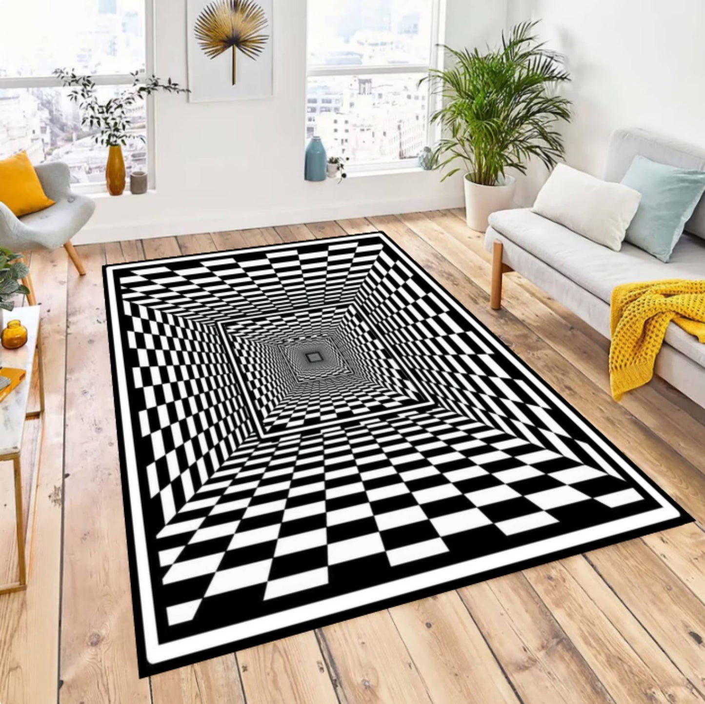 Checkered Rug with Optical Illusion 3D-tunnelpatroon Black and White Geometric