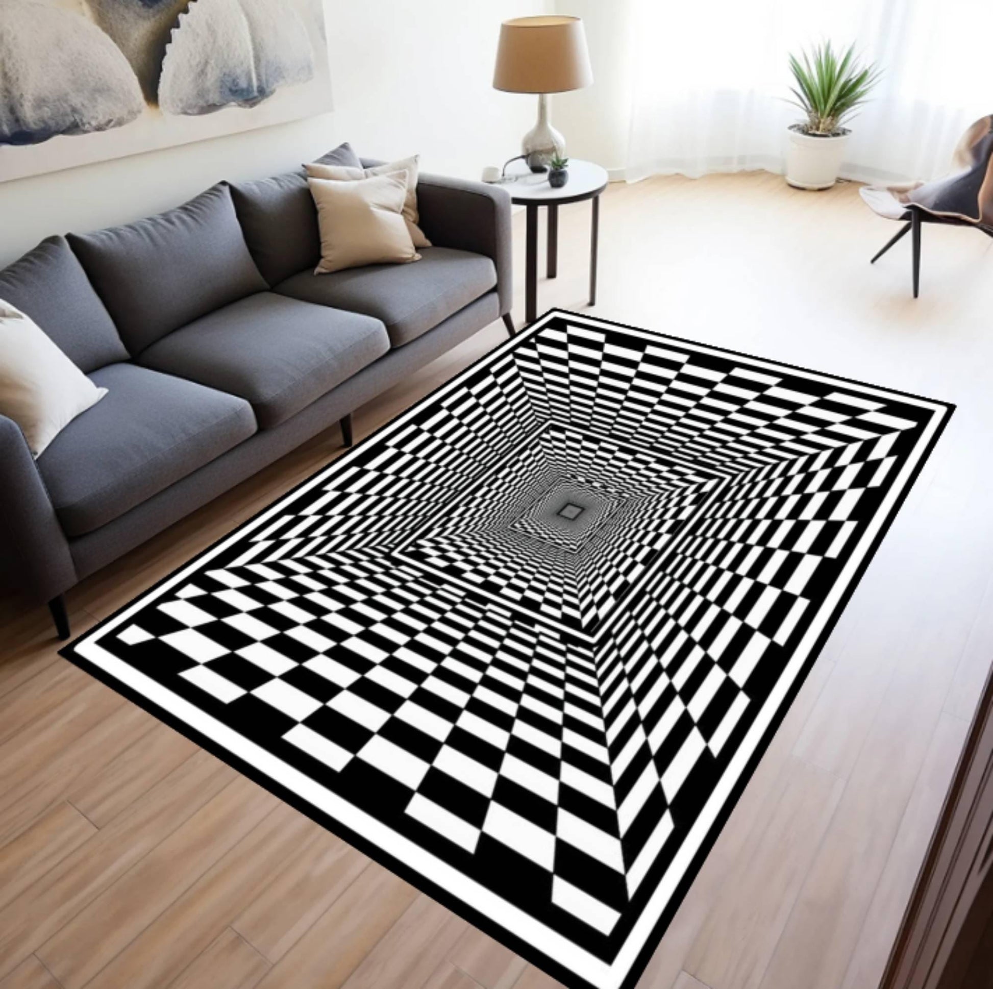 Optical Illusion Checkered Rug, 3D Tunnel Pattern, Black White Geometric Carpet