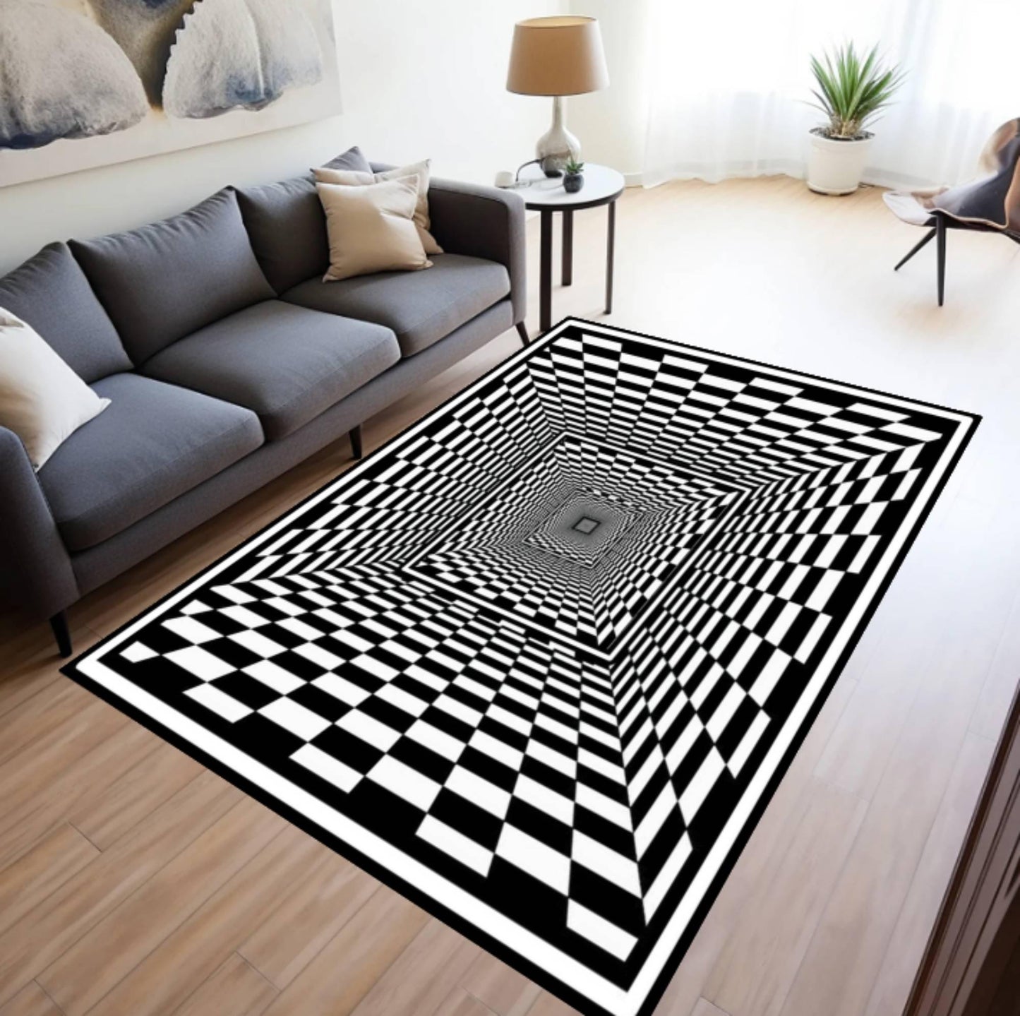 Checkered Rug with Optical Illusion 3D-tunnelpatroon Black and White Geometric