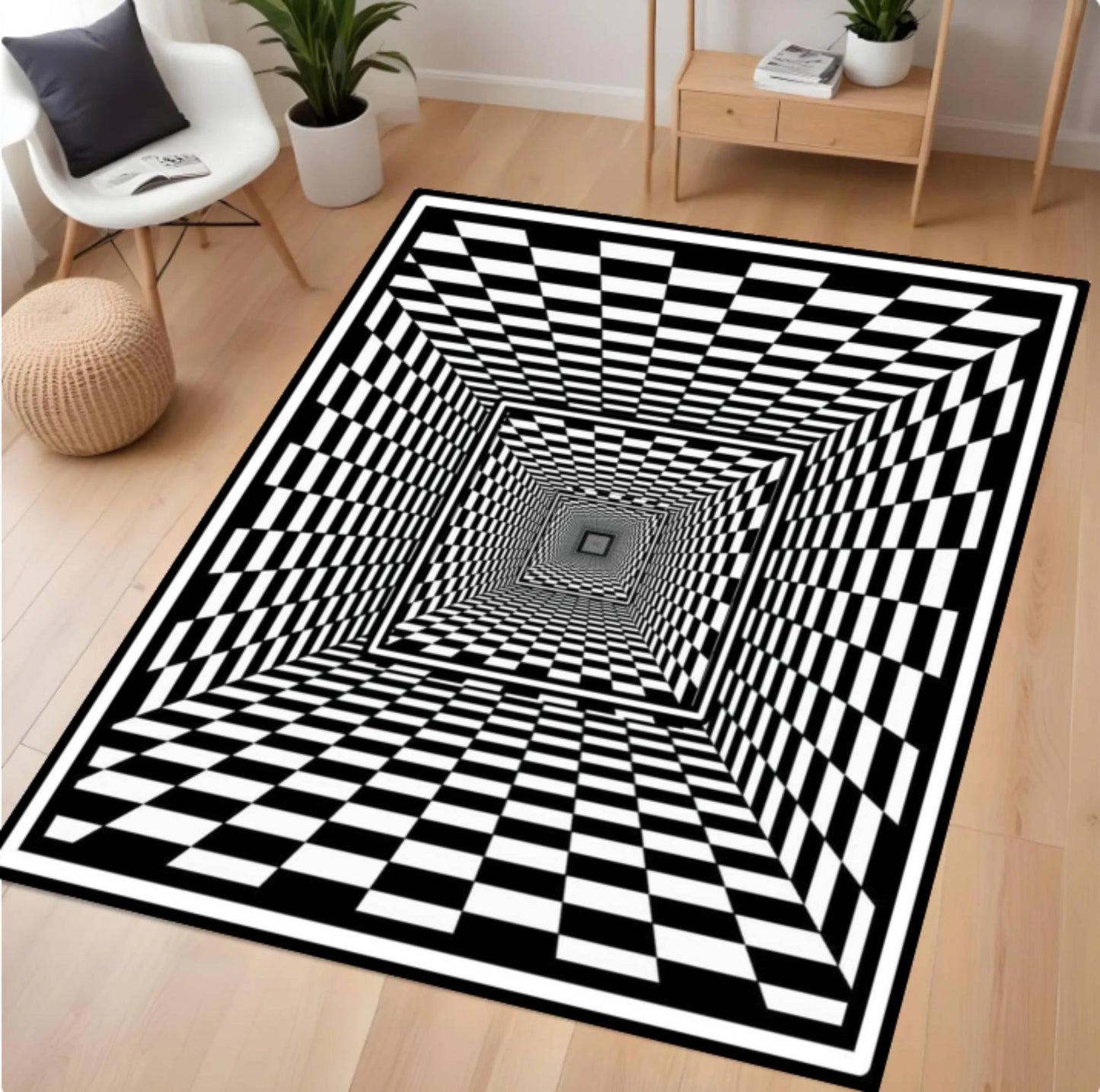 Black and white checkered rug with optical illusion design on a wooden floor.