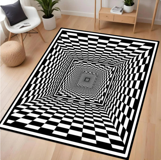 Black and white checkered rug with optical illusion design on a wooden floor.