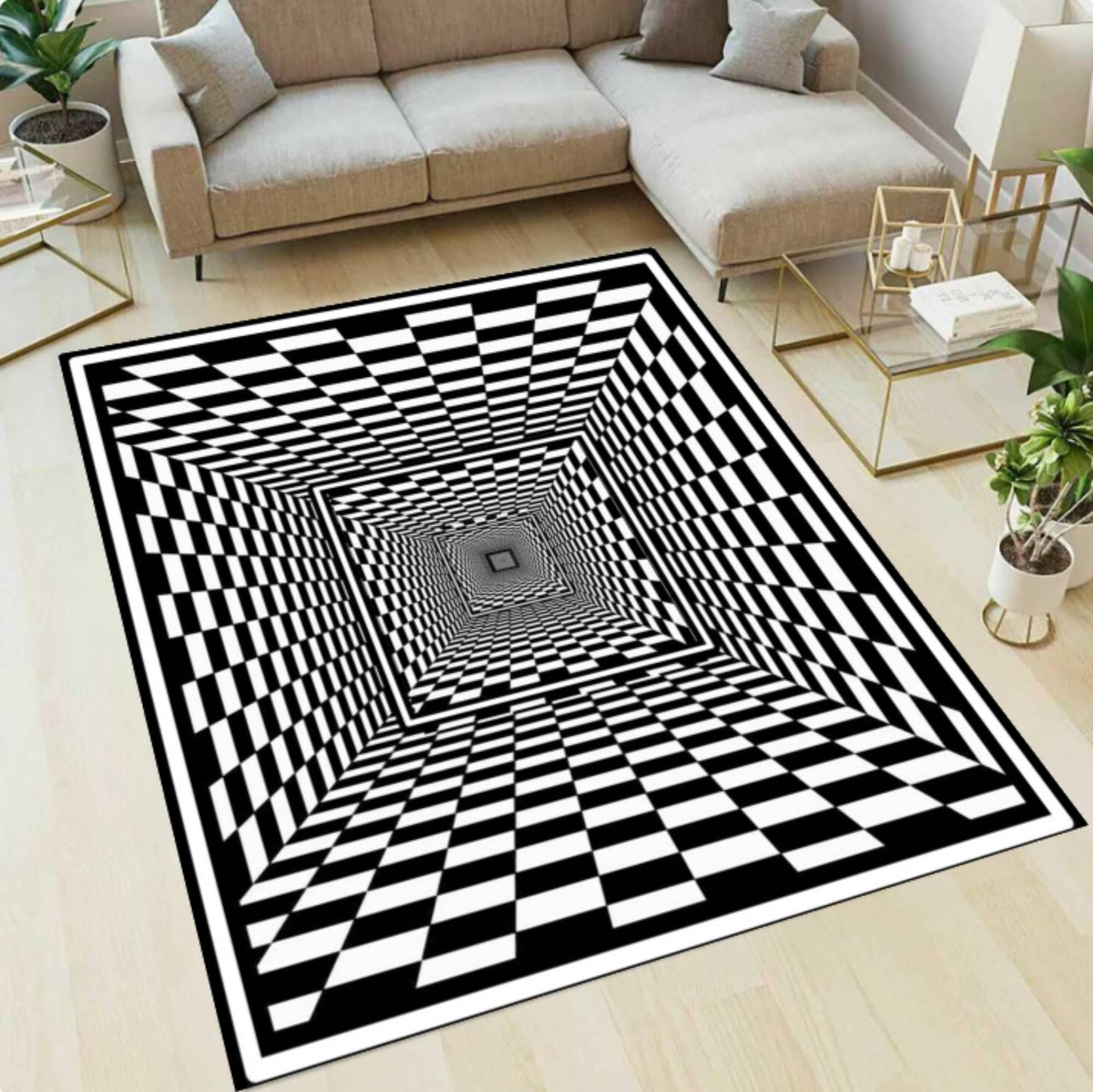 Checkered Rug with Optical Illusion 3D-tunnelpatroon Black and White Geometric