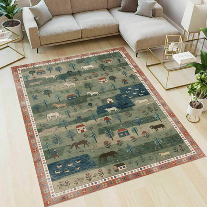 Folk Art Pastoral Scene Area Rug, Farmhouse Country Landscape Carpet, Washable Non Slip