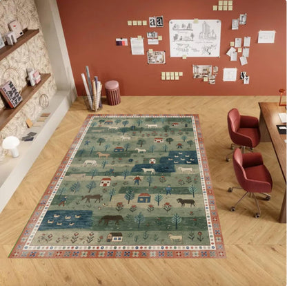 Folk Art Pastoral Scene Area Rug, Farmhouse Country Landscape Carpet, Washable Non Slip