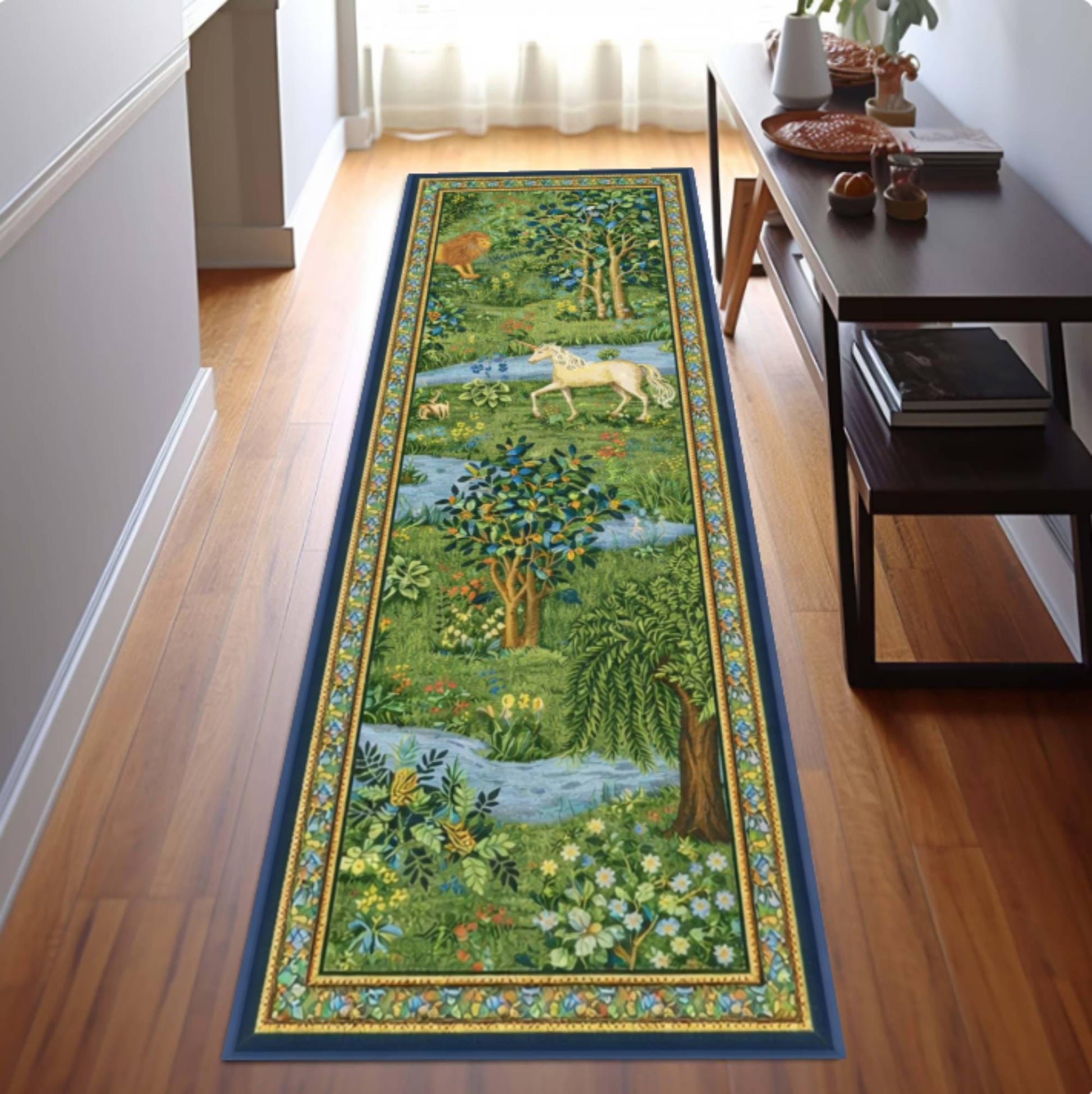 Forest Landscape Runner Rug, Vintage Nature Scene, Cottagecore Botanical, Washable Non Slip