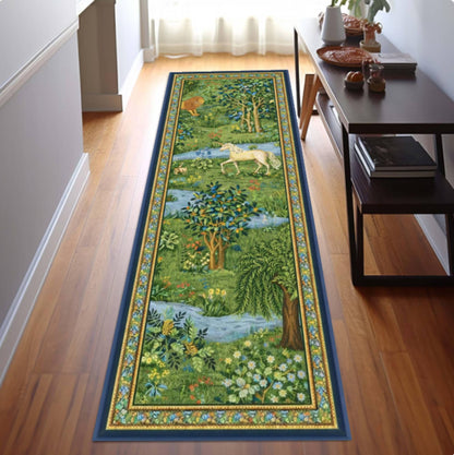 Forest Landscape Runner Rug, Vintage Nature Scene, Cottagecore Botanical, Washable Non Slip