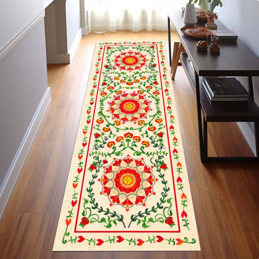 Boho Floral Runner Rug, Vintage Folk Art Hallway Carpet, Washable Non Slip Runner