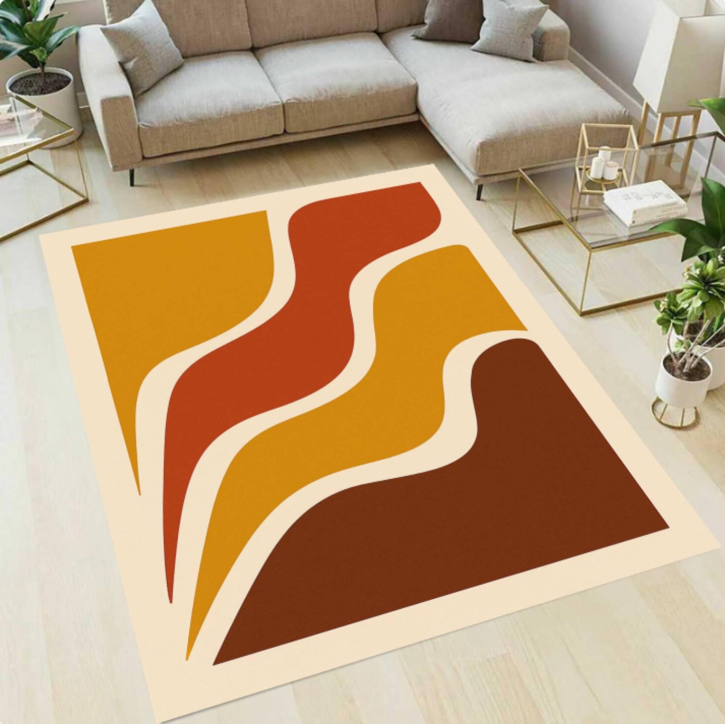 Retro Wave Geometric Washable Rug - Mid Century Modern Boho Area Rug