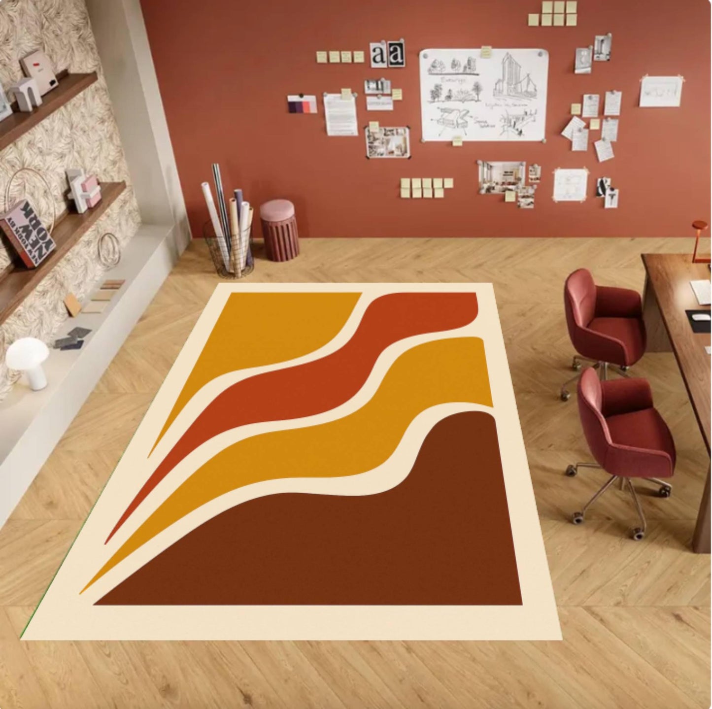 Retro Wave Geometric Washable Rug - Mid Century Modern Boho Area Rug