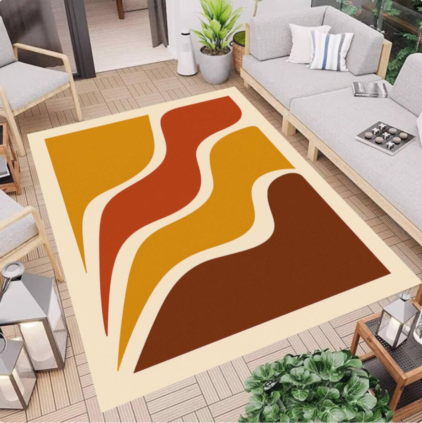 Retro Wave Geometric Washable Rug - Mid Century Modern Boho Area Rug