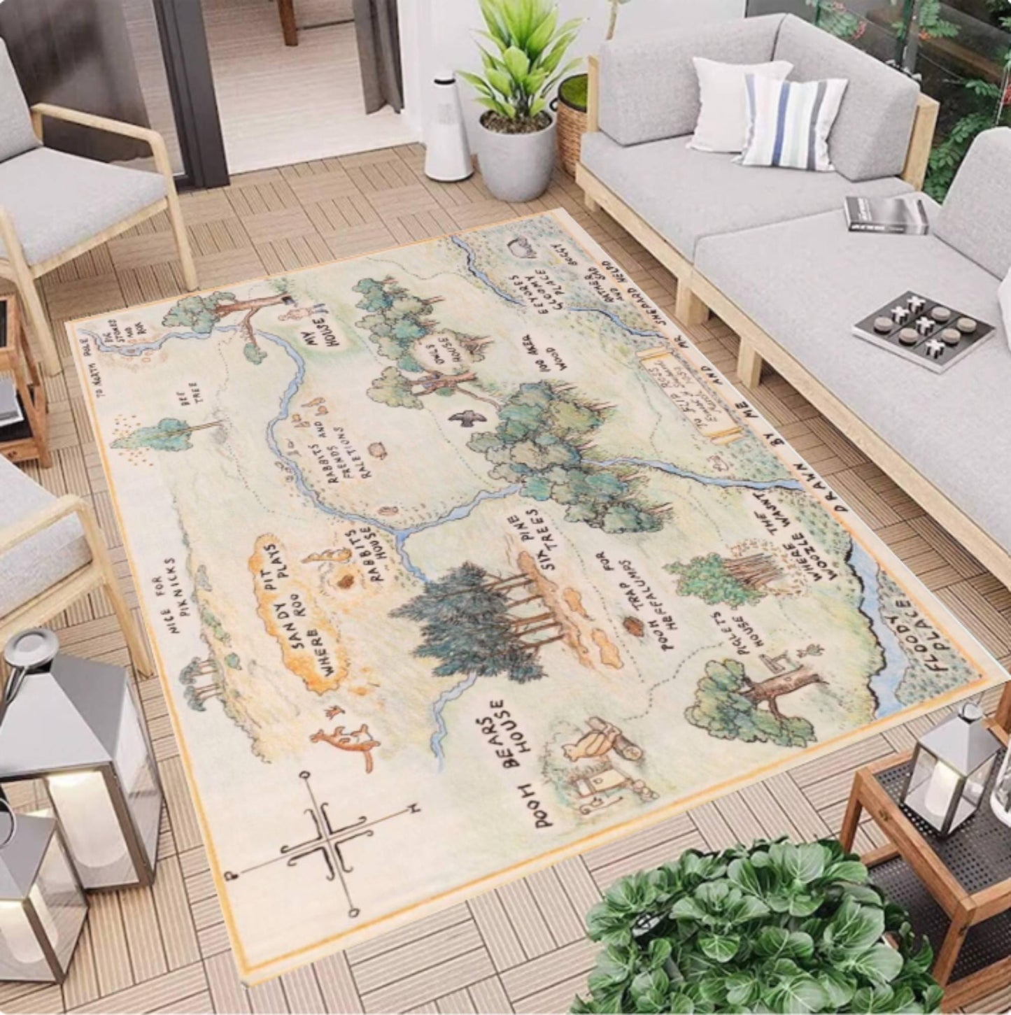 Vintage Storybook Map Rug, Illustrated Landscape Carpet, Nursery Kids Room Decor