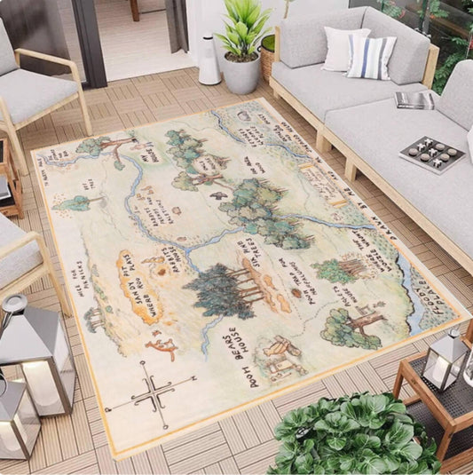 Vintage Storybook Map Rug, Illustrated Landscape Carpet, Nursery Kids Room Decor