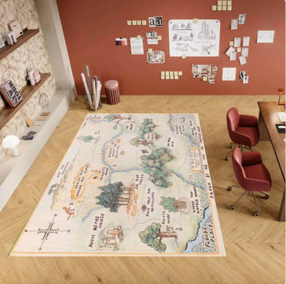 Vintage Storybook Map Rug, Illustrated Landscape Carpet, Nursery Kids Room Decor