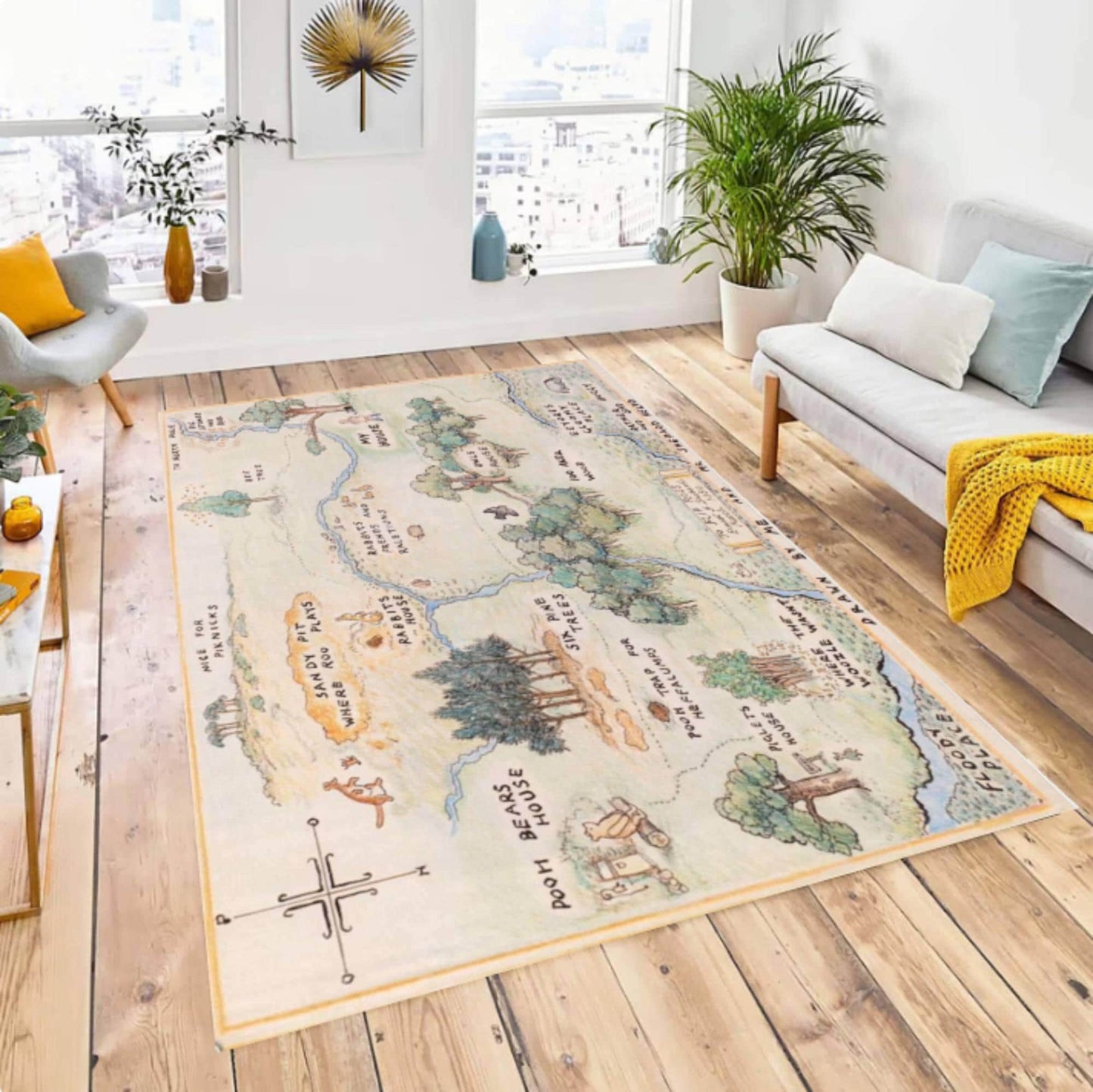 Vintage Storybook Map Rug, Illustrated Landscape Carpet, Nursery Kids Room Decor