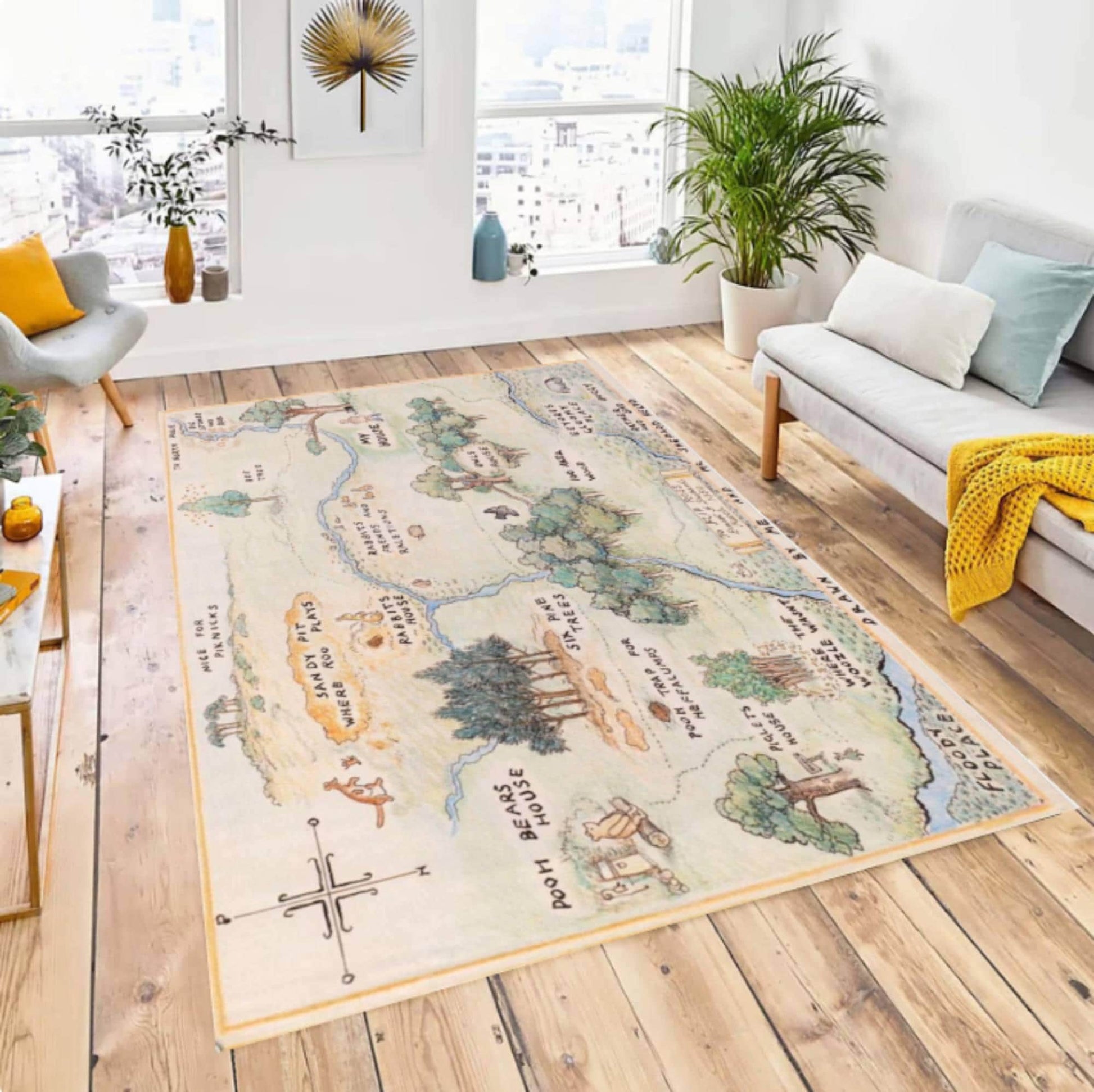 Vintage Storybook Map Rug, Illustrated Landscape Carpet, Nursery Kids Room Decor