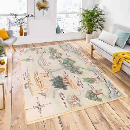 Vintage Storybook Map Rug, Illustrated Landscape Carpet, Nursery Kids Room Decor