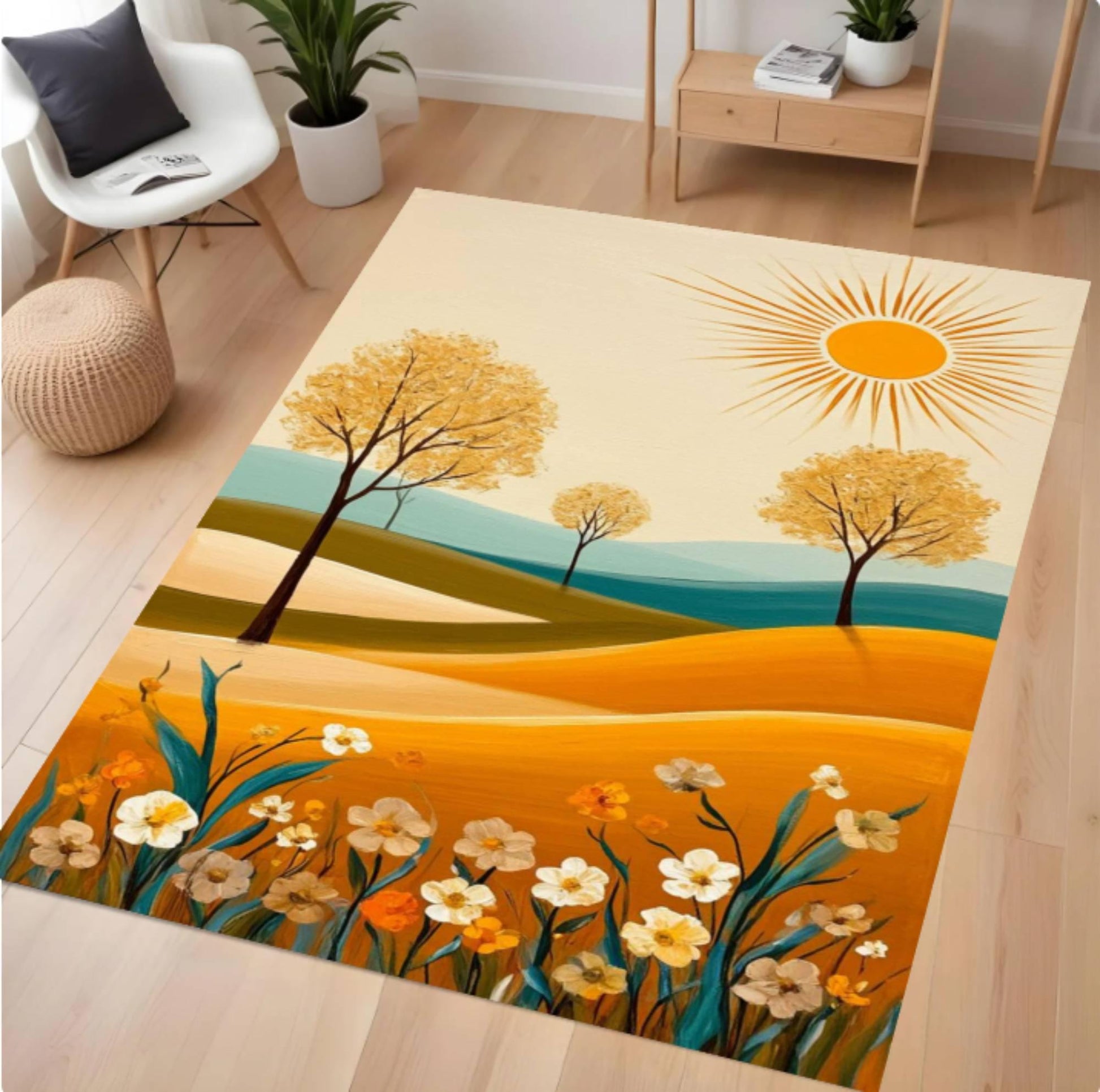 Abstract Landscape Area Rug, Modern Sun Field Carpet, Minimalist Nature Decor Rug, Boho Floral Scenic Rug, Washable Non Slip Area Rug