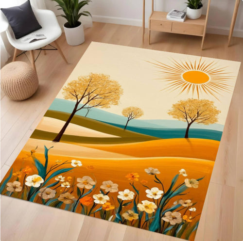 Abstract Landscape Area Rug, Modern Sun Field Carpet, Minimalist Nature Decor Rug, Boho Floral Scenic Rug, Washable Non Slip Area Rug