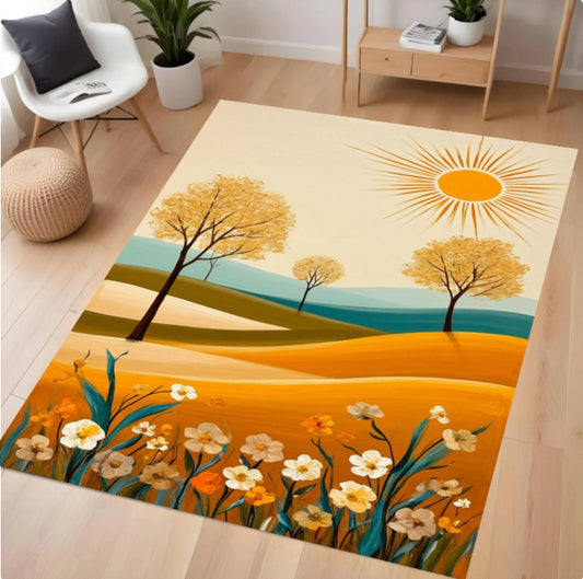 Abstract Landscape Area Rug, Modern Sun Field Carpet, Minimalist Nature Decor Rug, Boho Floral Scenic Rug, Washable Non Slip Area Rug