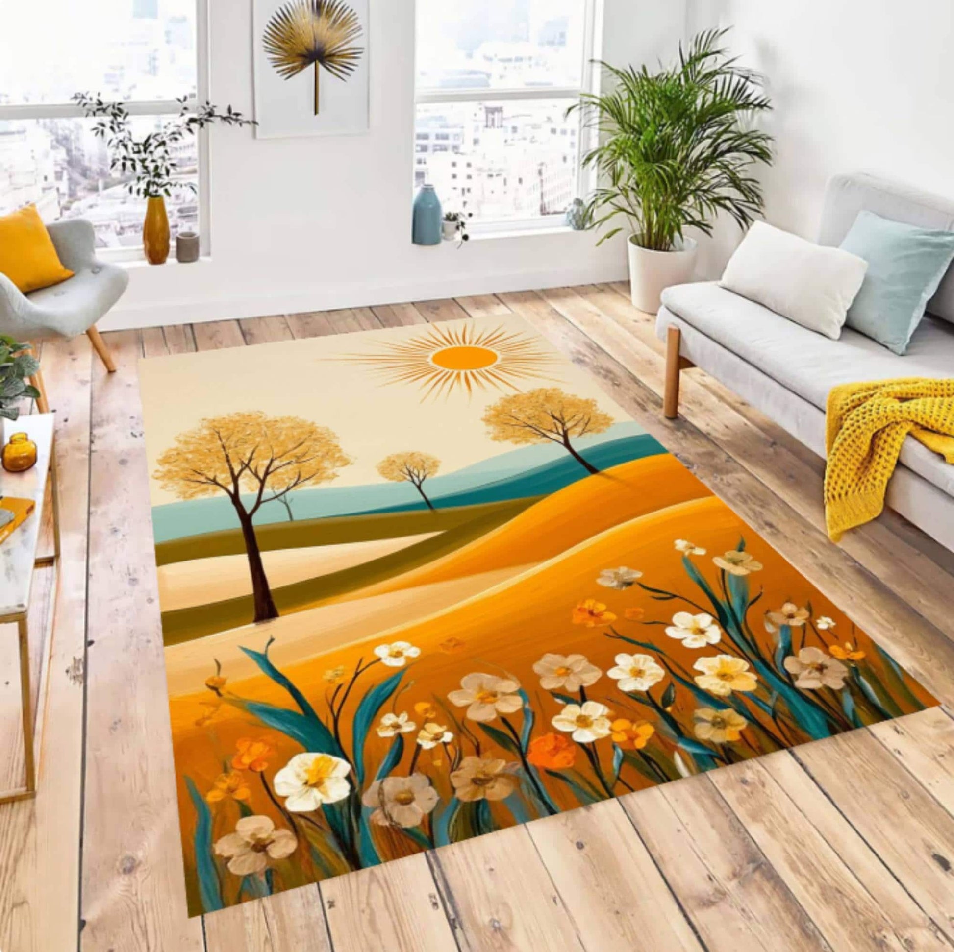 Abstract Landscape Area Rug, Modern Sun Field Carpet, Minimalist Nature Decor Rug, Boho Floral Scenic Rug, Washable Non Slip Area Rug