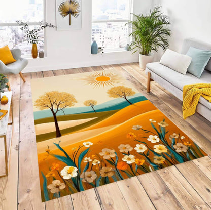 Abstract Landscape Area Rug, Modern Sun Field Carpet, Minimalist Nature Decor Rug, Boho Floral Scenic Rug, Washable Non Slip Area Rug