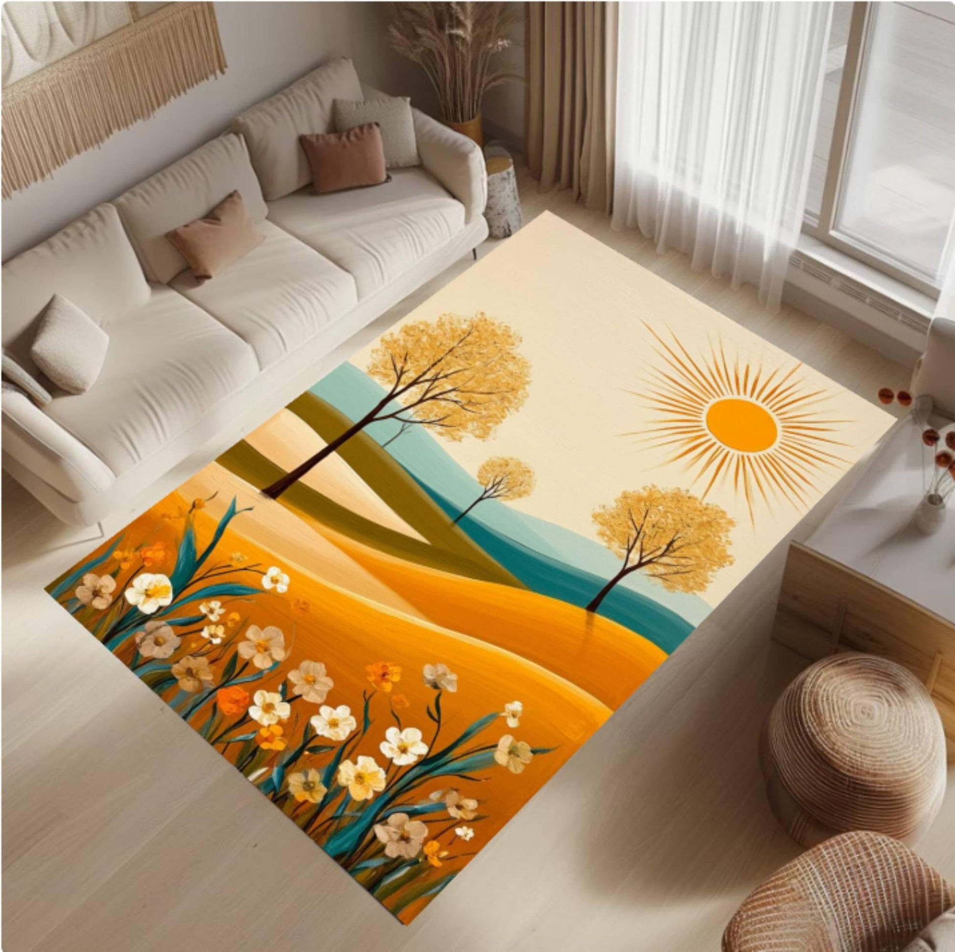 Abstract Landscape Area Rug, Modern Sun Field Carpet, Minimalist Nature Decor Rug, Boho Floral Scenic Rug, Washable Non Slip Area Rug